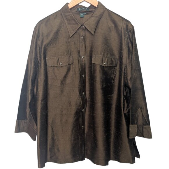 Ralph Lauren 100% Silk Dupioni Shirt | Olive Green Luxury | Size 20W - Picture 1 of 13